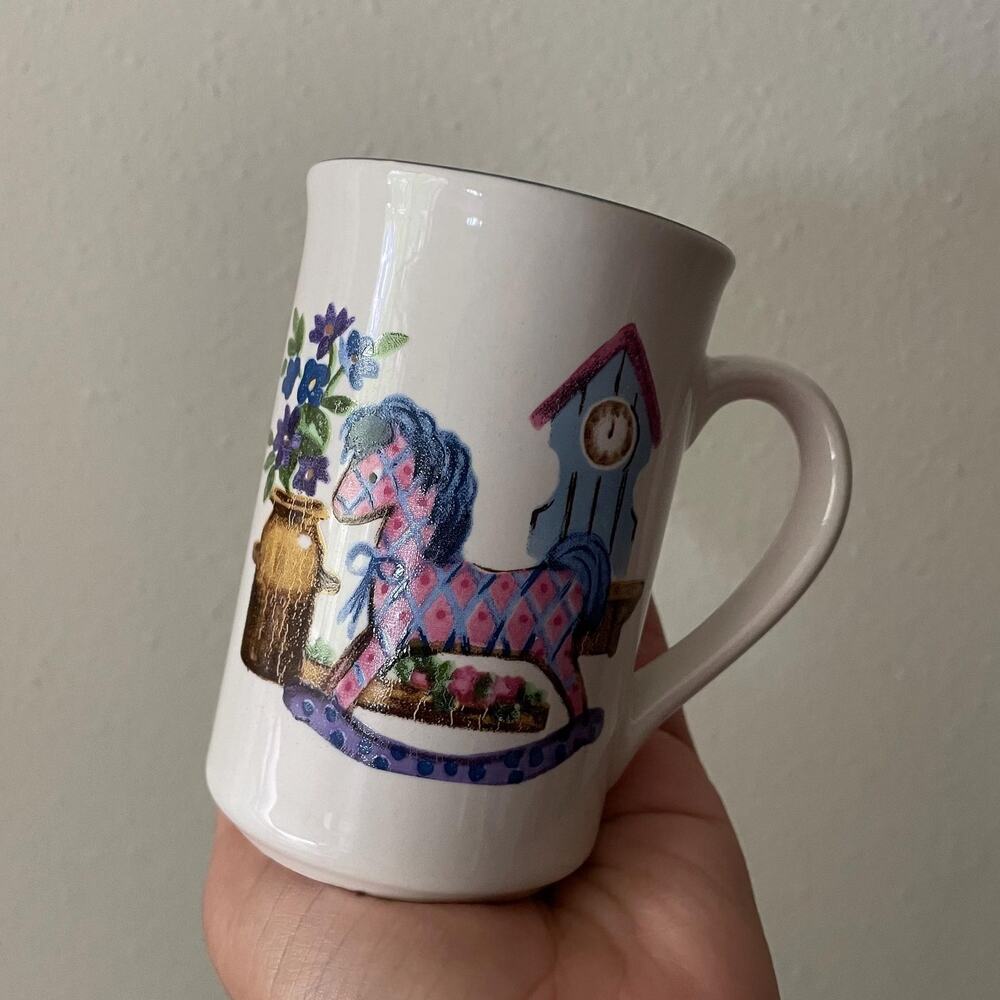 80s vintage rocking horse pastel stoneware coffee mug